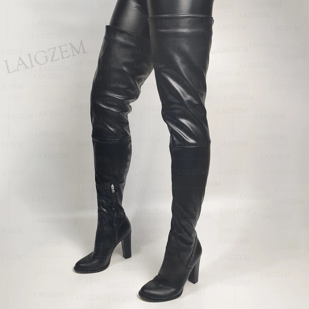 Women Thigh High Boots Round Toe Thick High Heels Boots Over Knee Faux ...