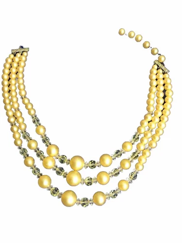 Vintage Costume Jewelry 3 Strand Beige Yellow Bead Granny Necklace Needs Hook