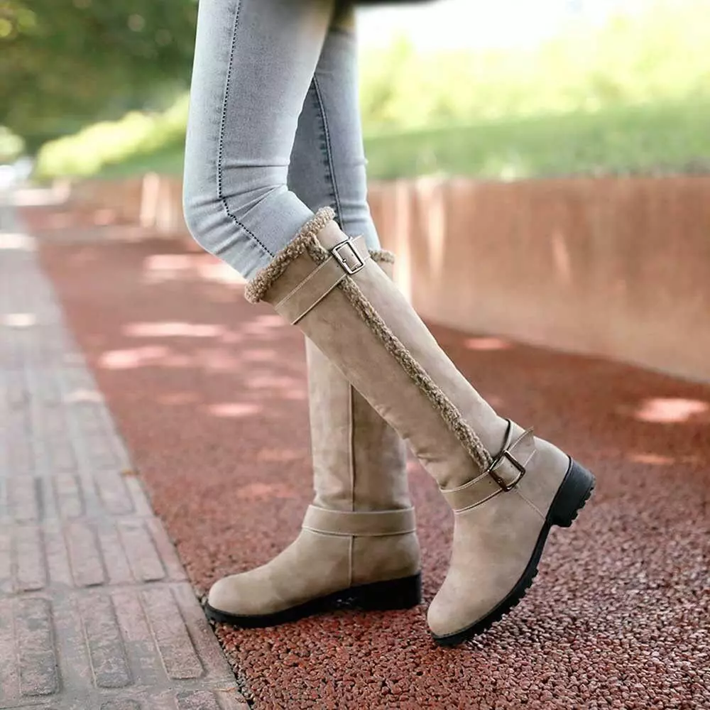 Women Casual Faux Suede Knee High Boots Pull On Low Heels Winter Warm Snow Boots