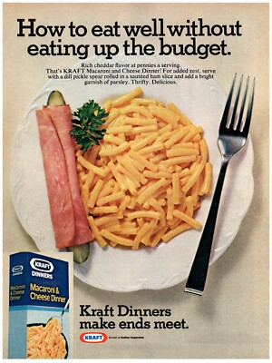 PRINT AD, 1976 Kraft Macaroni & Cheese 70's Dinner Plate Ham Wrapped Pickle Fork