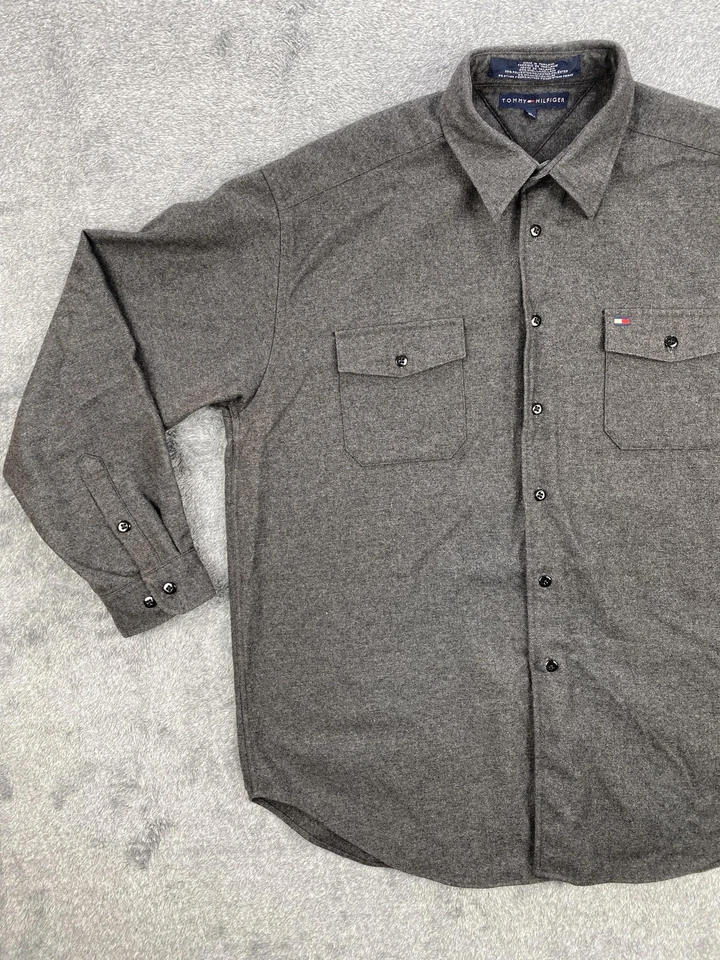 Camisa masculina Tommy Hilfiger XL cinza mistura de lã botão para cima bolso de flanela casual - Imagem 2 de 4