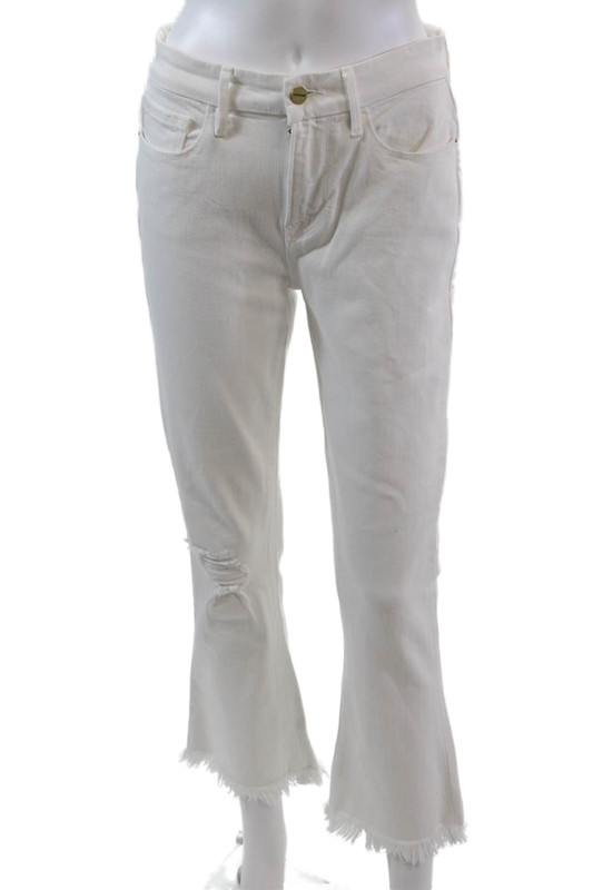 Frame Denim Womens High Rise Distressed Crop Mini Boot Cut Jeans White Size 26