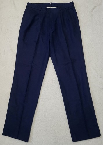 Lands End Dress Pants Mens 34x33 Navy Blue Cotton Linen Dbl Pleated Trousers Vtg