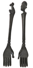 2 African carved wooden backscratchers Hand Head Monkey hardwood tribal ware 15"
