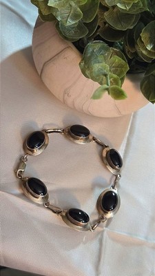 RWJ Makers Mark StampedSterling Silver Black Onyx Cabochon Vintage Link Bracelet
