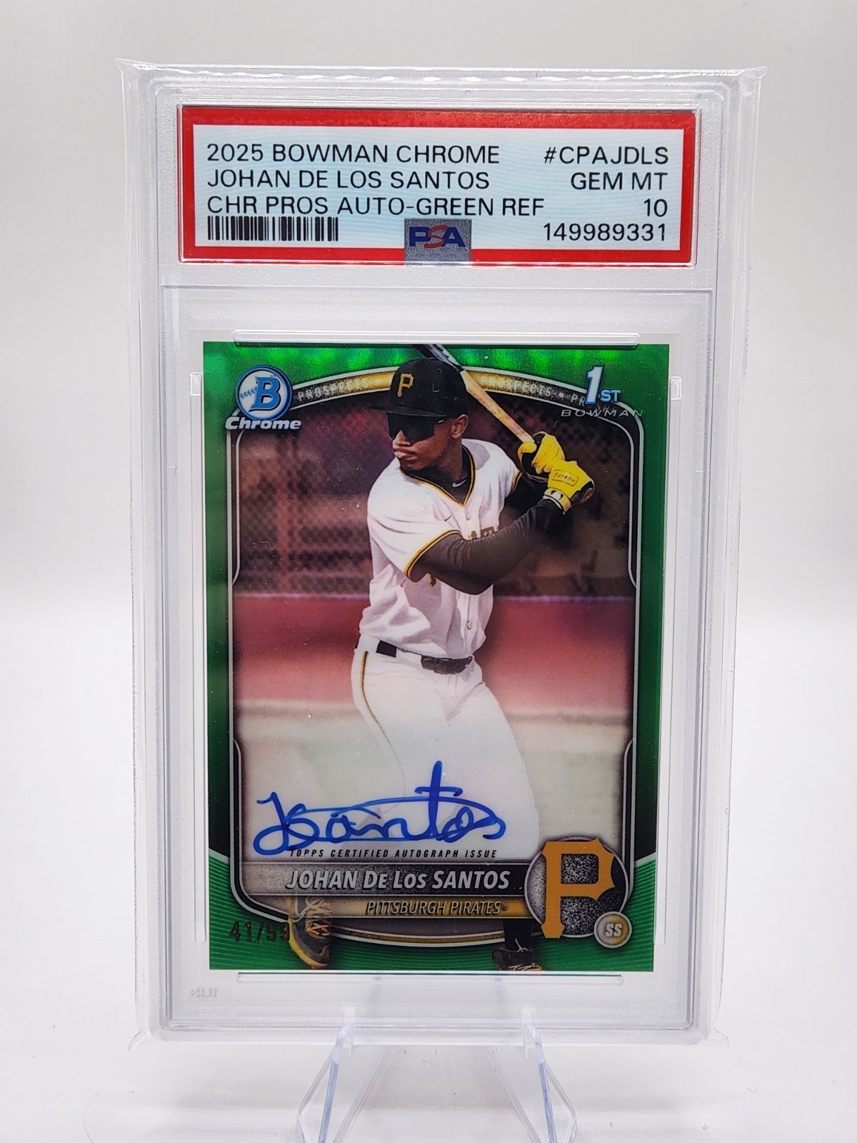 2025 Bowman Chrome 1st Johan De Los Santos Auto /99 Green Refractor PSA 10 GEM