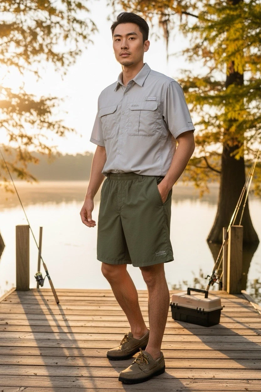 Columbia Men's L PFG Packable Pullon Basket Lined Nylon Shorts Green Inseam 6"