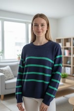 Gap Sweater Womens XXL Navy Green Striped Cotton Knit Crewneck Pullover New