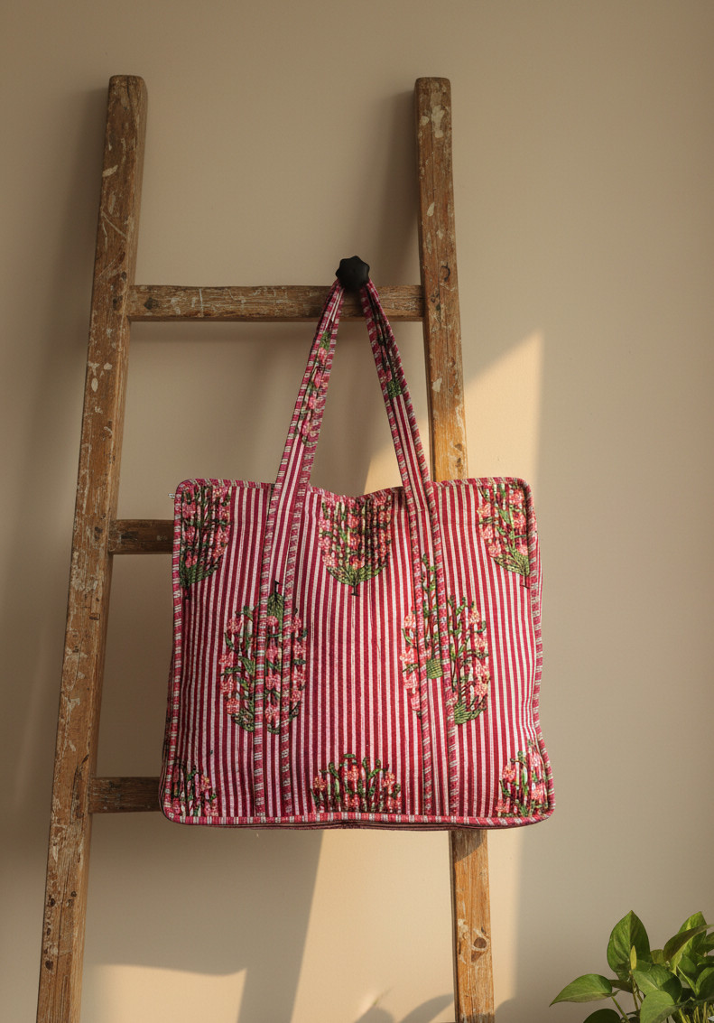 Cotton Quilted Tote Bag for Women Floral Block Print Large Reusable Bag (Pink)