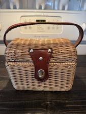 Vintage British Made In Hong Kong Wicker Basket Handbag Purse leather accents