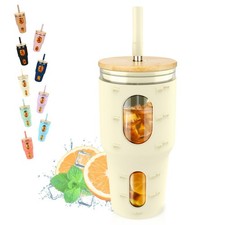 32 oz Glass Tumbler with Straw and Lid, Reusable Iced Coffee Cup with Time Ma...