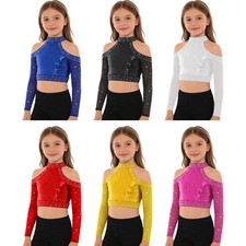 Girls T-Shirts Back Keyhole Tops Sparkle Dance Crop Top Talent Show Performance