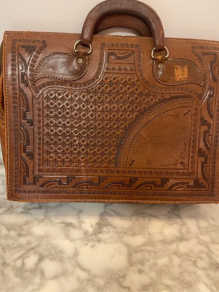 Vintage Hand Tooled Leather Briefcase Aztec Calendar Eagle Design Brown Bag - Image 2 of 4