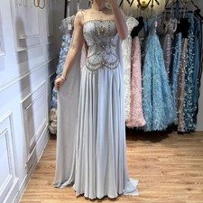 Luxury Gray Chiffon Cape Evening Dress Square Neck Beaded Bodice Formal Gown