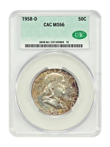 1958-D Franklin Silver Half Dollar 50c Gem Toner CAC MS66 Denver Mint USA CACG