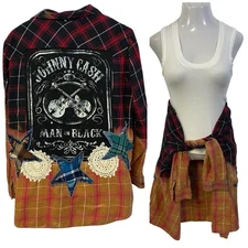 Upcycled Flannel Shirt Shacket Womens 1X Country Music Grunge Patchwork Folk Art