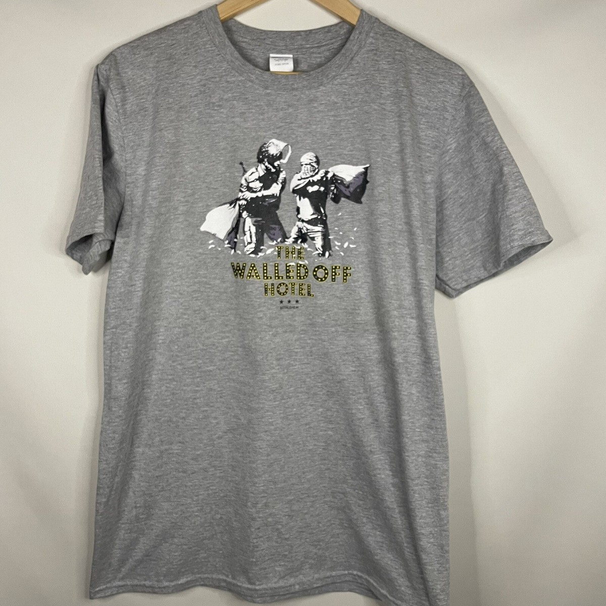 RARE Banksy Art Print Shirt The Walled Off Hotel Bethlehem Size 