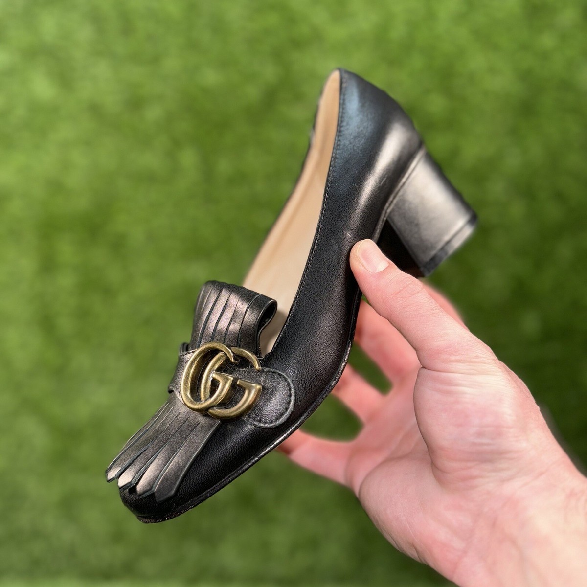 GUCCI マーモント　フラットシューズ サイズ37 Auth GUCCI - 408208 Black Leather Women's Maramot Mid Heel Pump