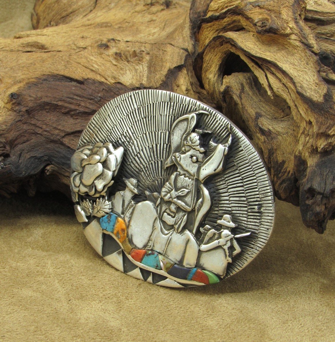 DANNY ROMERO Native American Yaqui Sterling Silver Running Horses Belt Buckle Sterling Silver and Inlay Yaqui Deer Dancer Belt Buckle By  main image 4