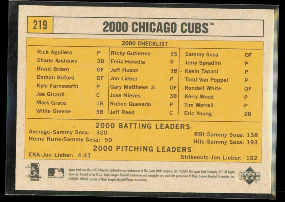 2001 Upper Deck Vintage - #219 Sammy Sosa, Mark Grace Chicago Cubs Lineup - Image 2 of 2