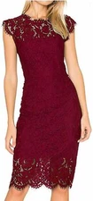 Women's Vintage High Waist Slim Sleeveless Floral Lace Pencil Party Dress Wine M