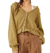 Free People Golden Road Ruffled Button-Front Cardigan Size Small Raw Seams Boxy