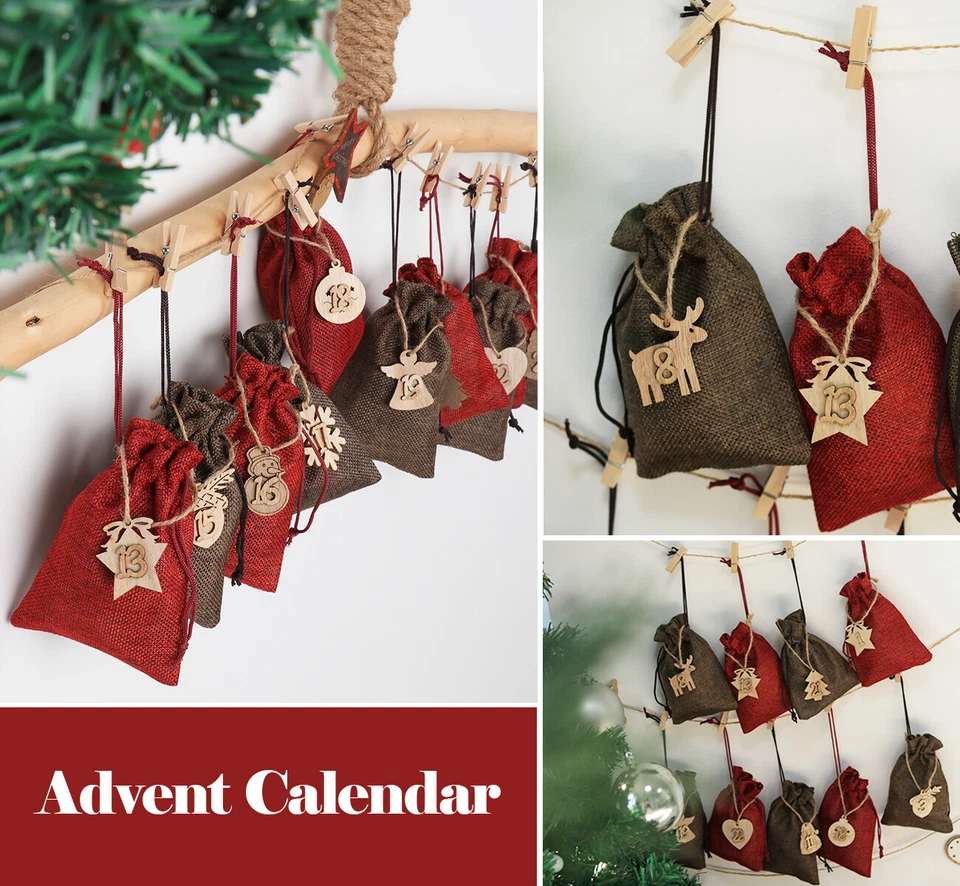 24x Adventskalender säckchen Jute Rot 10x14cm Jutesäckchen Stoffbeutel Decor DE - Bild 2 von 4
