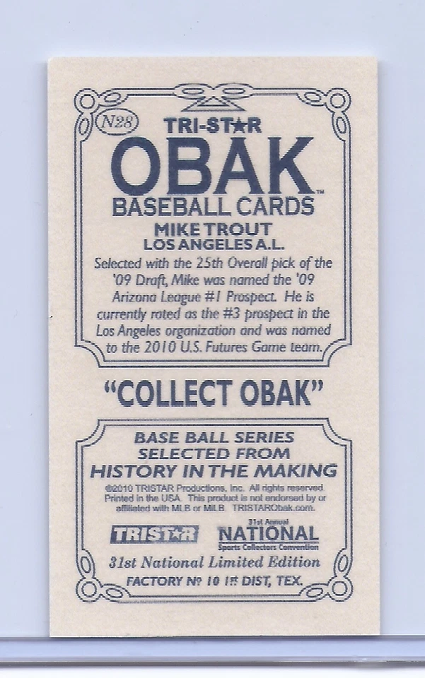 MIKE TROUT 2010 TRISTAR OBAK MINI ROOKIE CARD! NATIONAL VIP EXCLUSIVE! MINT! - Image 2 of 4