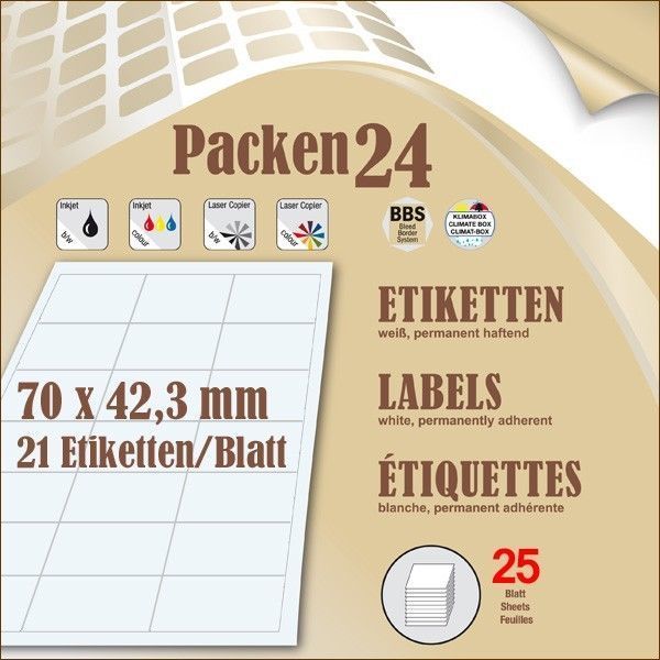 Schachtel(N) á 25 Blatt Packen24 Etiketten 70X42,4 Mm Selbstklebend A4-image