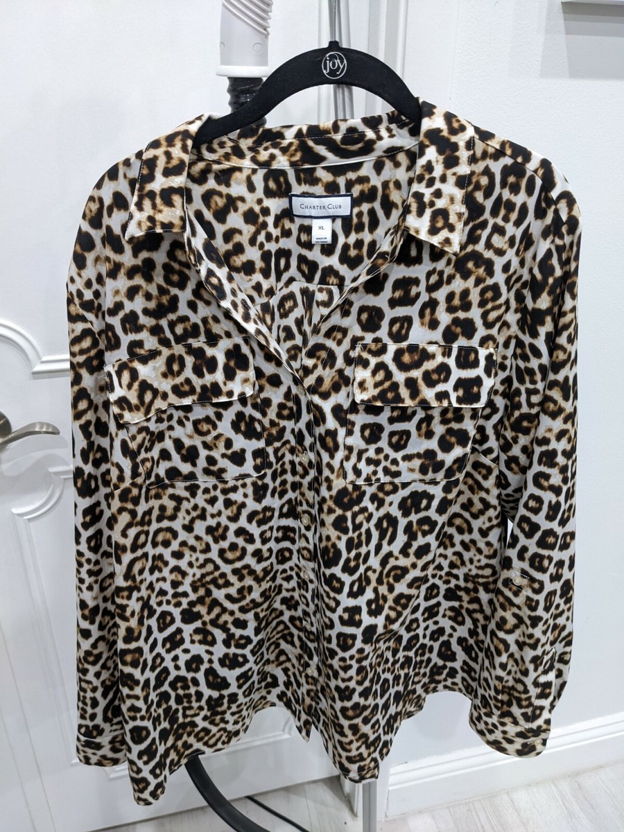 Chemise Boutonnée Charter Club Motif Léopard – Femme, Taille L, Coton Mélangé