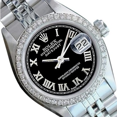 Rolex Datejust Stainless Steel Black Roman Dial & 0.85cts U-Bezel Jubilee Watch