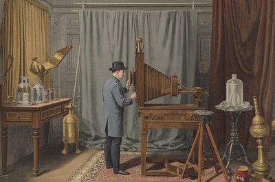 Viktorianischer Fotograf bereitet eine große Holzkamera im Portrait Studio Foto vor