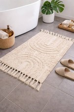 MYHOMEIQ Boho cotton Bath Mat, 24x36 Inch, Tassel Washable, Non Slip,Biege