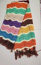 VTG Crochet Afghan Blanket Throw Zig Zag 40" x 44" Multi Warm Colors EC Boho