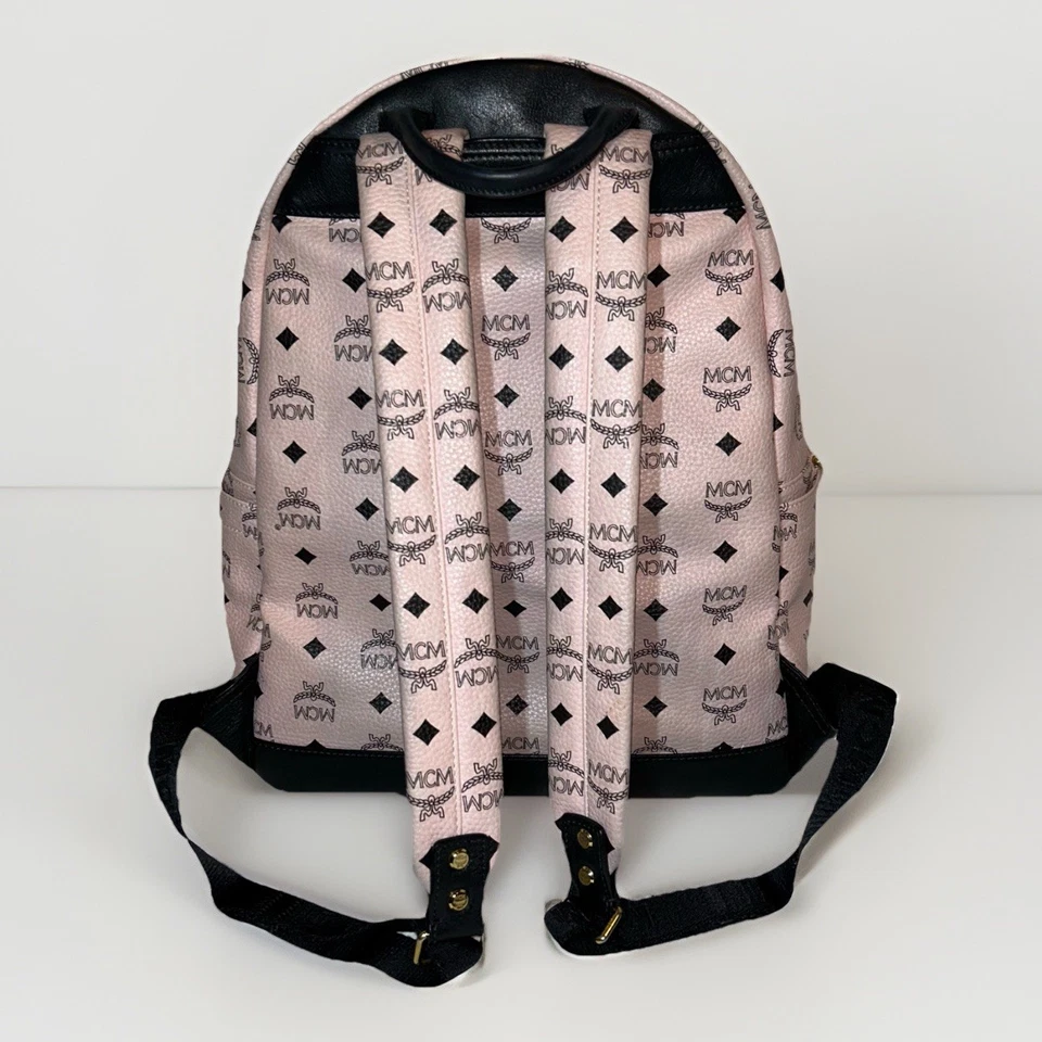 Raro MCM Visetos Tachonado Doble Stark Mochila Bolsa Mujeres Cuero Rosa Suave Dorado  Foto 4 de 4