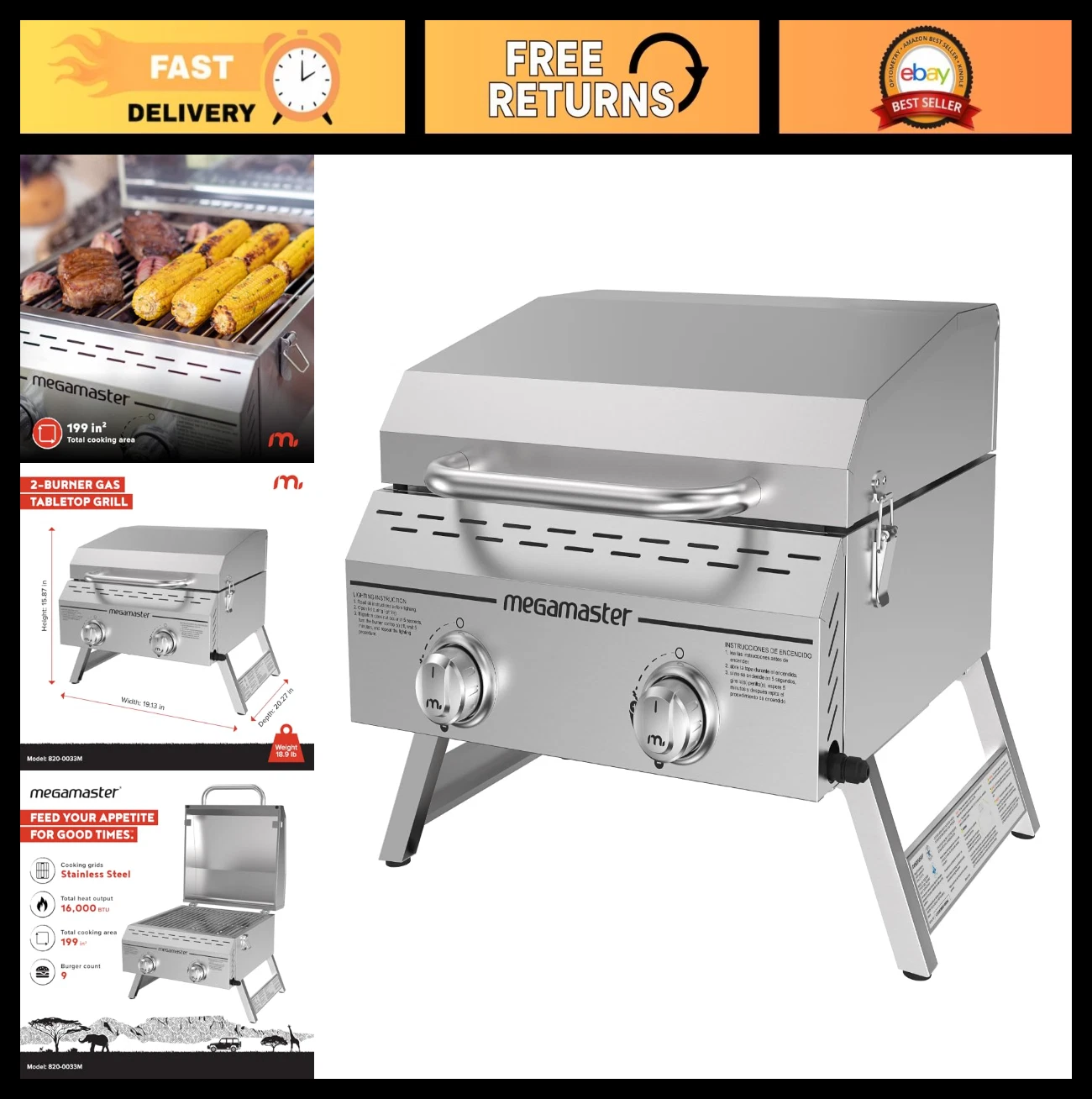 Portable 2-Burner Stainless Steel Gas Grill, 16,000 BTUs, Foldable Legs, Ideal f