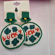 St Patrick Day Theme Multi Bead Earrings, 2.5ins Long Shamrock Hat