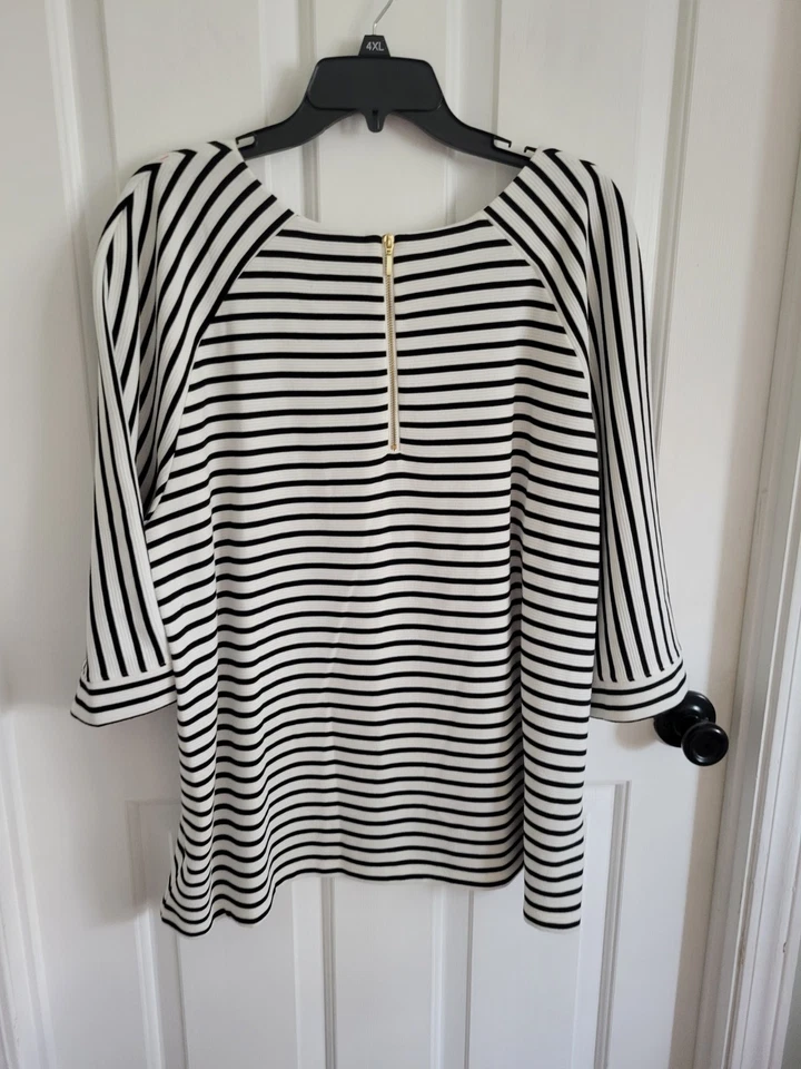 Chico’s Women’s Size 4 (XL 16) Black White Striped Boatneck 3/4 Sleeve Top - Image 2 of 4