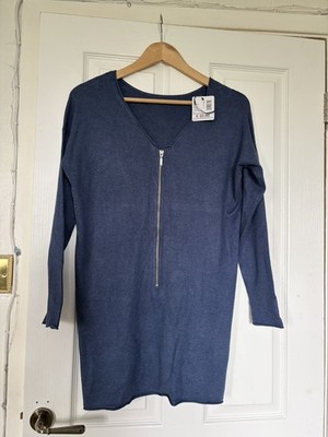 TEZENIS Blue Tunic Top V-Neck 3/4 Zip Up Front Small BNWT 