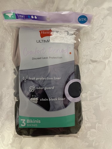 Hanes Ultimate Bikinis Light Comfort Period Protection 3-Pack Panties Size 9/2XL