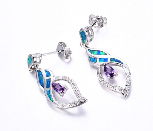 E08 Ohrringe Stecker Welle Kringel Opal Feueropal blau Kristall weiß versilbert - Bild 2 von 3