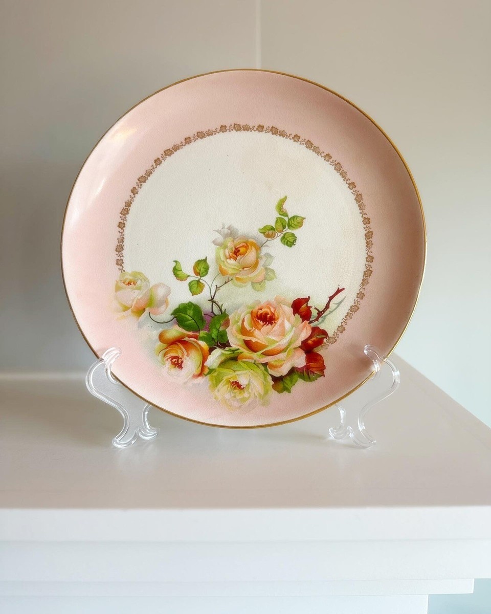 DRESDEN Antique Floral Plate W/ Pink Roses 9.5” Made in