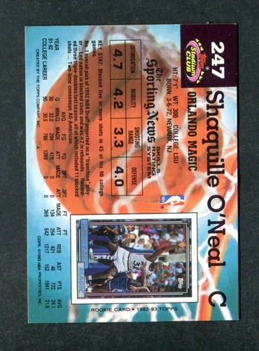 Shaq Shaquille O'Neal Magic 1992-93 Stadium Club Rookie NBA Basketball Card #247 - Picture 2 of 2