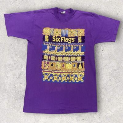 Vintage 90s USA Six Flags Theme Park Promo Patterned Graphic T-Shirt
