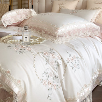 French Lace Flowers Embroidery  Bedding Set 1200TC Egyptian Cotton  Duvet Cover 