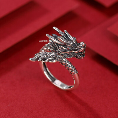 Real 999 Fine Silver Dragon Ring For Women Men Lucky Zodiac Animal