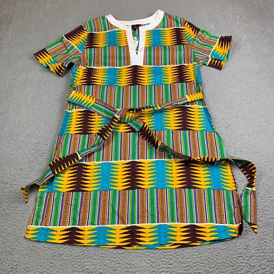 D'IYANU Dress Womens Large Green Yellow African Print Stratch Yunic Belted NEW