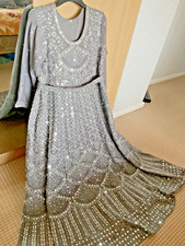 Anarkali Party Dress-Metallic Grey Scarf + Trousers - Size L