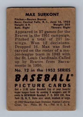 1952 Bowman #12 Max Surkont LOW GRADE Vintage Baseball Card - Picture 2 of 2
