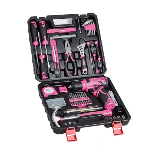 Tool Set - Tool Kit with 8V Cordless Drill, 132 Piece Tool Box with Drill, Pink